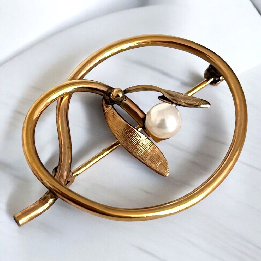 Vintage 1950s Van Dell Circle Brooch Pearl Gold Filled - 11S